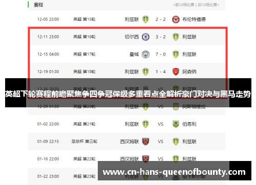 英超下轮赛程前瞻聚焦争四争冠保级多重看点全解析豪门对决与黑马走势 英超下轮赛程前瞻聚焦争四争冠保级多重看点全解析豪门对决与黑马走势