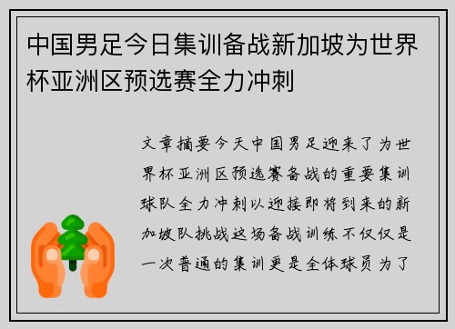 中国男足今日集训备战新加坡为世界杯亚洲区预选赛全力冲刺 中国男足今日集训备战新加坡为世界杯亚洲区预选赛全力冲刺